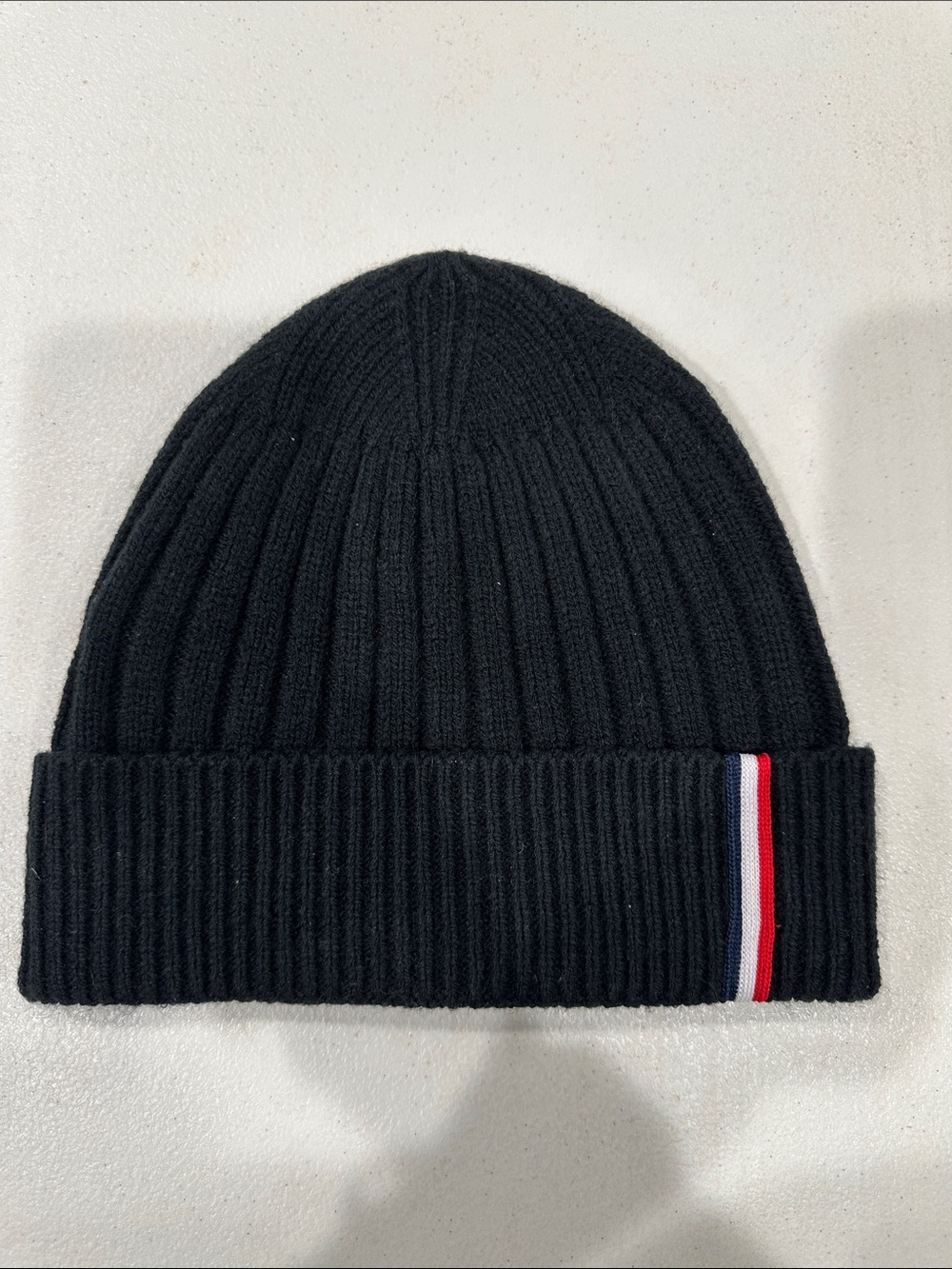 Moncler Black Ribbed Beanie with Red-White-Blue Stripe